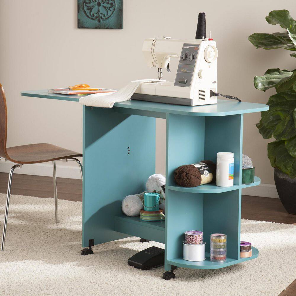 Turquoise Mobile Folding Sewing and Craft Table with Shelves