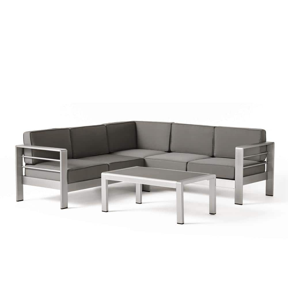 Noble House Cape Coral Silver Piece Aluminum Outdoor Sectional Set With Khaki Cushions