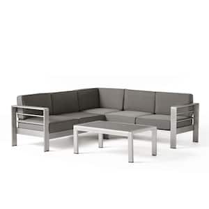 Cape Coral Silver 4-Piece Aluminum Outdoor Sectional Set with Khaki Cushions
