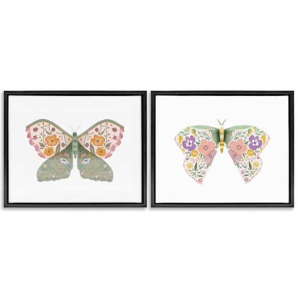 Folk Florals Butterflies by Kim Allen 2-Pieces Black Floater Frame Animal Graphic Art Print 25 in. x 31 in.