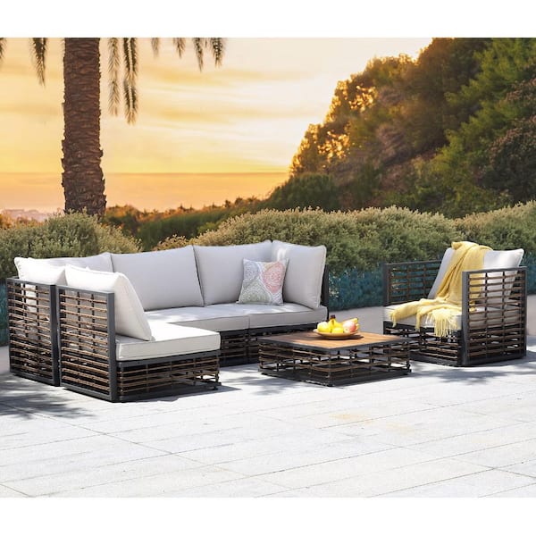 Zeus & Ruta 6-Piece Metal Outdoor Hollow-Out Patio Conversation Seating Set with Beige Cushions