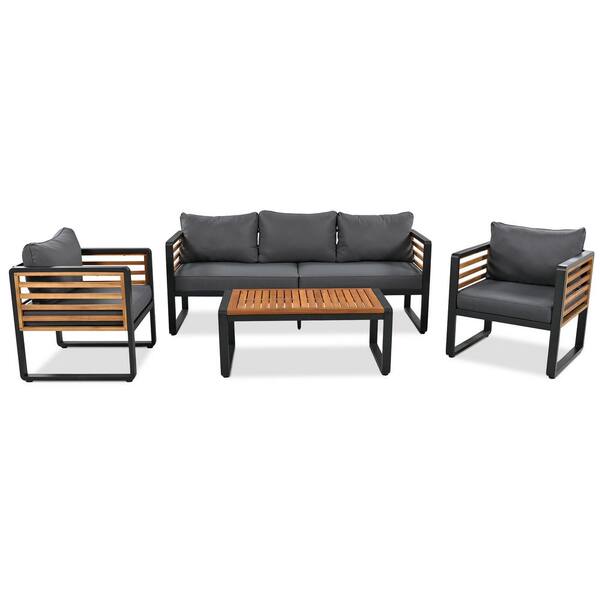 Brown 4-Piece Wood Outdoor Conversation Set with Removable Gray Cushions and a Coffee Table for Patios
