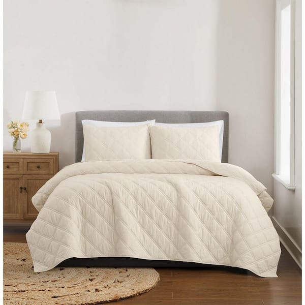 Diamond Washed 3-Piece Natural Solid Cotton Full/Queen Quilt Set