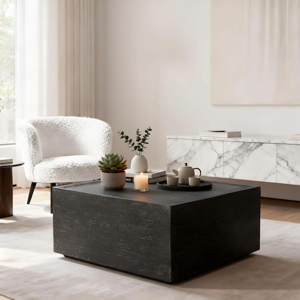 28 in. Black Travertine Square Magnesium Oxide Coffee Table