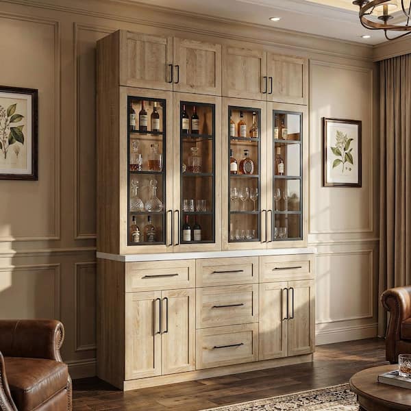 102 in. Tall Natural Wood 12-Shelf Accent Bookcase with Glass Shelves, Adjustable Interior Shelves, 3-Color LED Lighting
