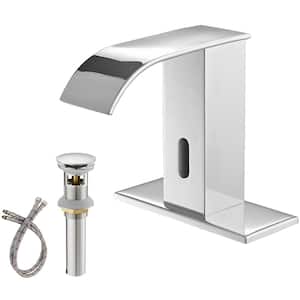 DC Powered Commercial Touchless Single Hole Bathroom Faucet With Deck Plate & Pop Up Drain In Polished Chrome