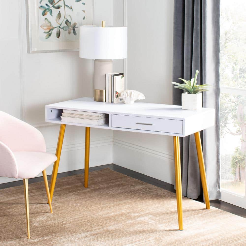 White and Gold Wood Writing Table with Drawer