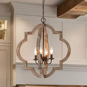 Farol 4-Light Geometric Chandelier Distressed Gray Wood and Bronze Farmhouse Geometric LED Hanging Pendant Light