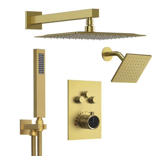 Multiple Press 12 in. Triple Handle Wall Mount 7-Spray Dual Shower Head and Handheld Shower Head 2.5 GPM in Brushed Gold