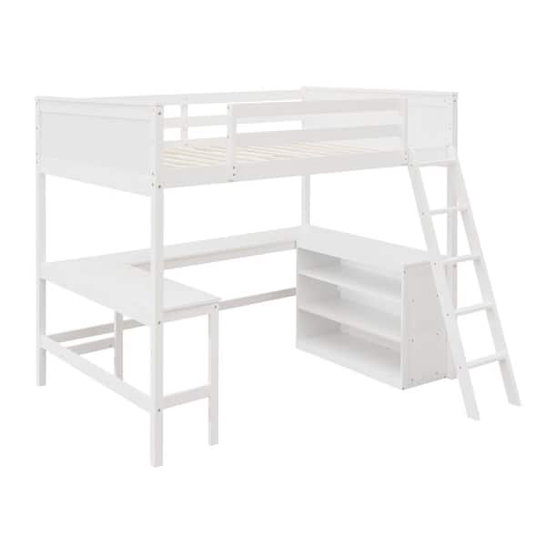 Polibi Full size Loft Bed with Shelves and Desk, Wooden Loft Bed with Desk-White