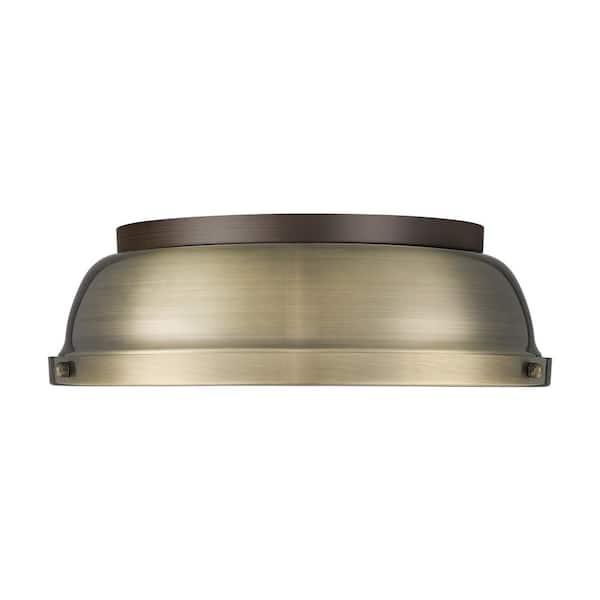 Golden Lighting Duncan 14 in. 2-Light Rubbed Bronze Flush Mount with Gold Shade and No Bulbs Included 1-Pack
