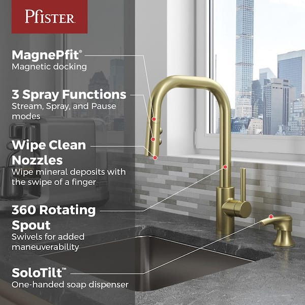 Zanna Single Handle Pull Down Sprayer Kitchen Faucet with Deckplate and Soap Dispenser in Brushed Gold