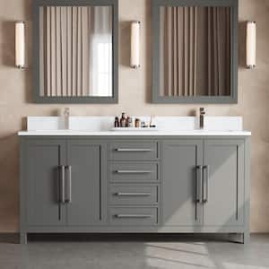 Acadian 72 in. W x 22 in. D x 36 in. H Double Sink Bath Vanity in Grey with White Quartz Top and Mirrors