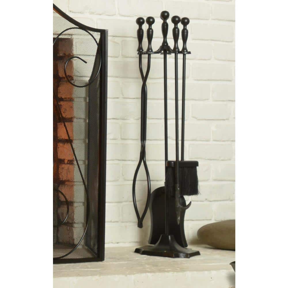 Black Cast Iron 5-Piece Fireplace Tool Set with Ergonomic Handles
