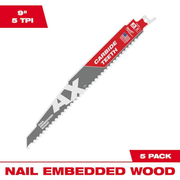 Milwaukee 9 in. 5 TPI AX Carbide Teeth Demolition Nail-Embedded Wood Cutting SAWZALL Reciprocating Saw Blades (5-Pack)