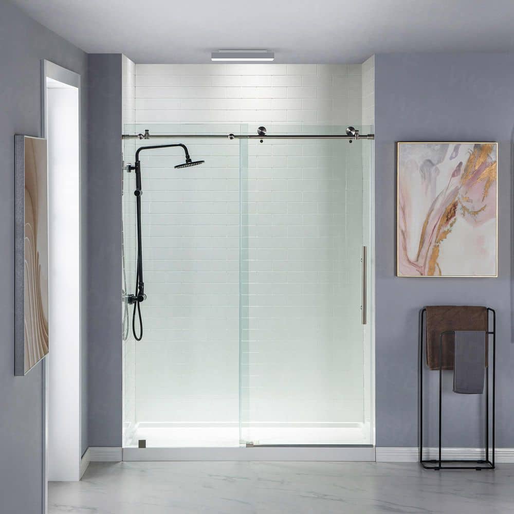 60 in. W x 76 in. H Sliding Frameless Shower Door in Brushed Nickel Finish with 3/8 in. Clear Glass price history on PriceWatchPro