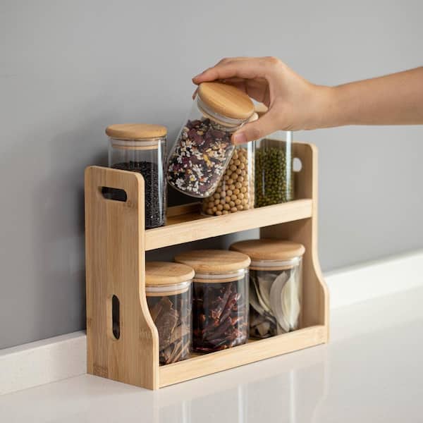 Versatile 2-Tier Bamboo Spice Rack and Pantry Organizer with 7