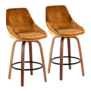 Diana 25.50 in. Solid Back Counter Height Stool in Yellow Velvet and Walnut Wood with Round Black Footrest (Set of 2)