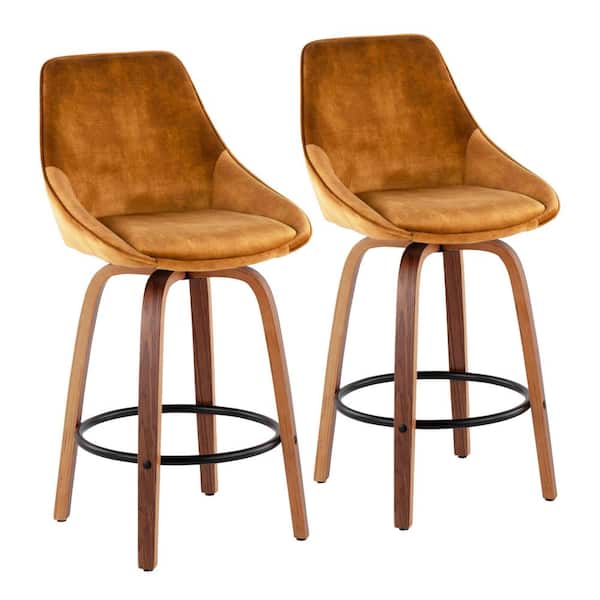 Lumisource Diana 25.50 in. Solid Back Counter Height Stool in Yellow Velvet and Walnut Wood with Round Black Footrest (Set of 2)