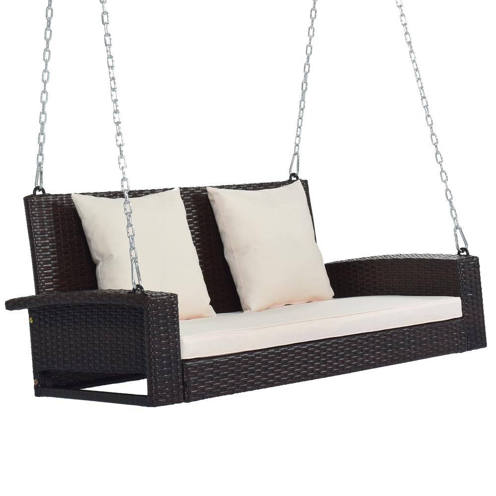 Tenleaf 2-Person Brown Wicker Hanging Porch Swing with Beige Cushions ...