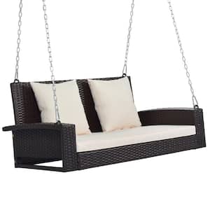 2-Person Brown Wicker Hanging Porch Swing with Beige Cushions and Chains