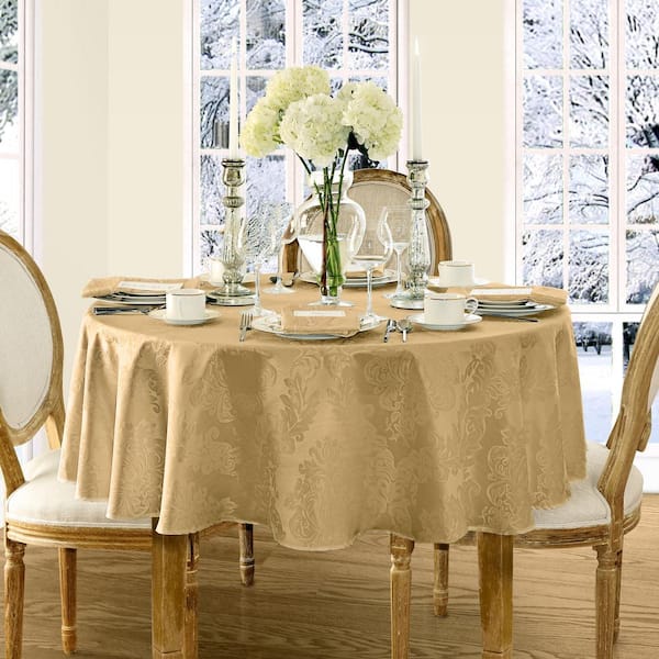 90 in. Round Gold Barcelona Damask Fabric Tablecloth
