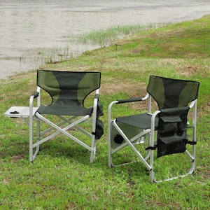 2-Piece Aluminum Padded Folding Outdoor Lawn Chair with Side Table and Storage Pockets for Garden Camping Picnic, Green