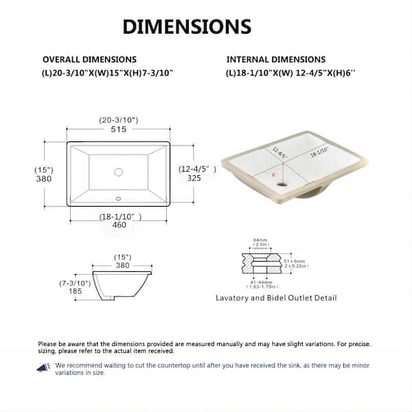 YASINU 20 in . Undermount Rectangular Bathroom Sink with