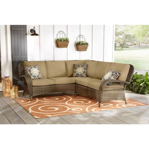Hampton Bay Beacon Park 3-Piece Brown Wicker Outdoor Patio Sectional Sofa with CushionGuard Toffee Tan Cushions