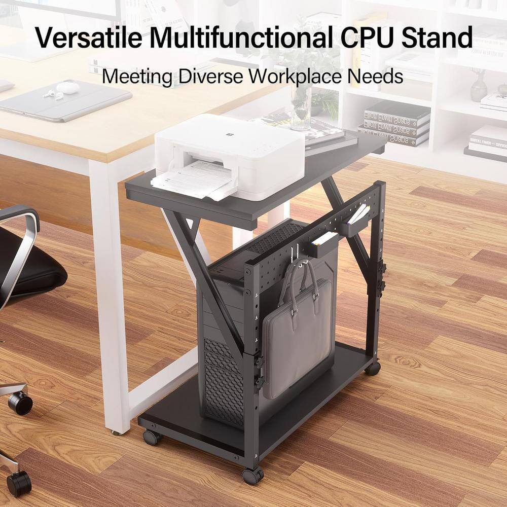 Adjustable Black Steel Computer Tower Stand with Rolling Wheels