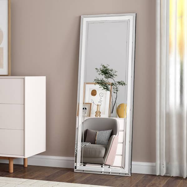 Modern Silver 33.46 in. W x 57.09 in. H Rectangle Glass Full Length Mirror 3 Drawer Mirrored Glass Sideboard Cabinet