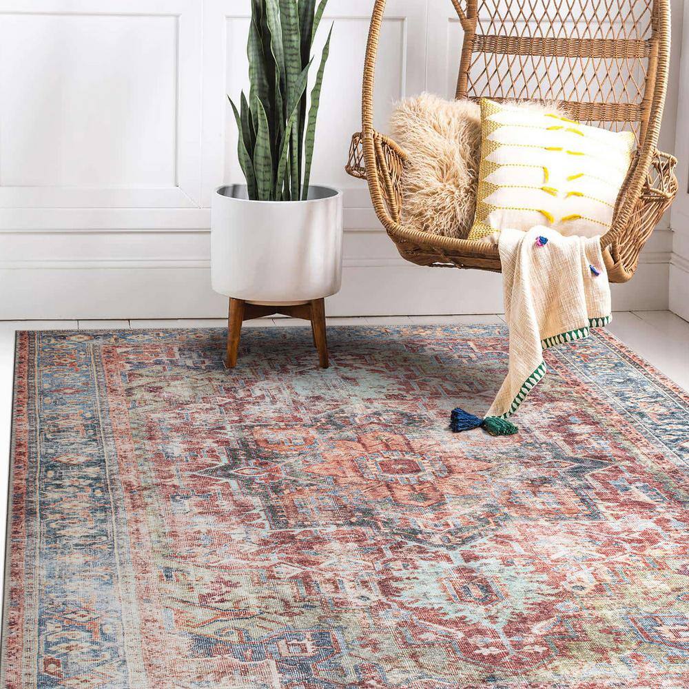 Vintage Red and Blue Medallion Washable Synthetic Area Rug