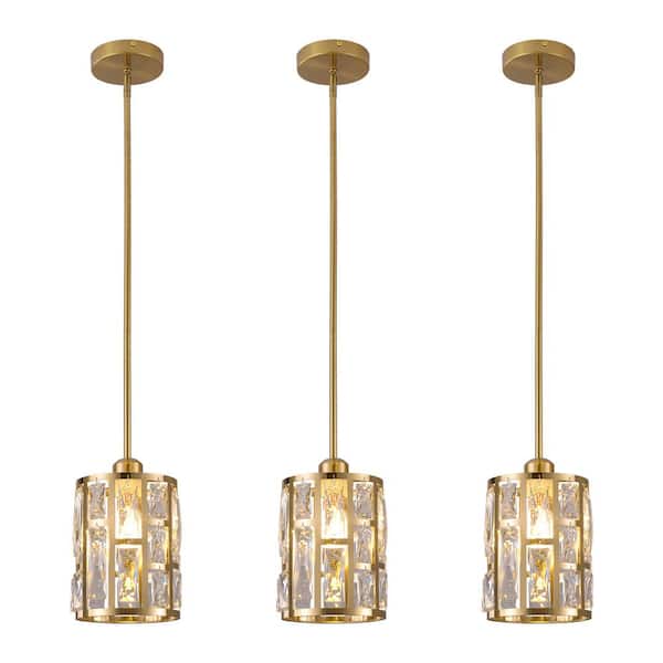 OUKANING 60-Watt 1-Light Gold Modern Crystal Pendant Light with Adjustable Height Clear Glass Shade, No Bulbs Included (3-Piece)