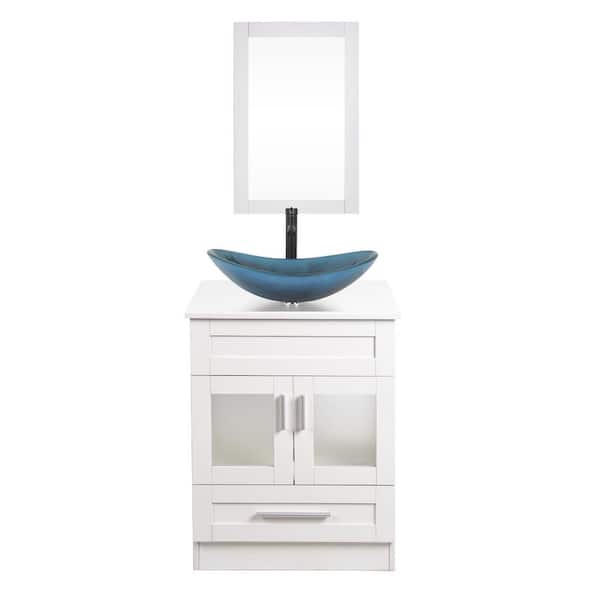 24 in. W x 19 in. D x 33 in. H Single Sink White Bath Vanity with Blue Solid Surface Top Sink and Mirror