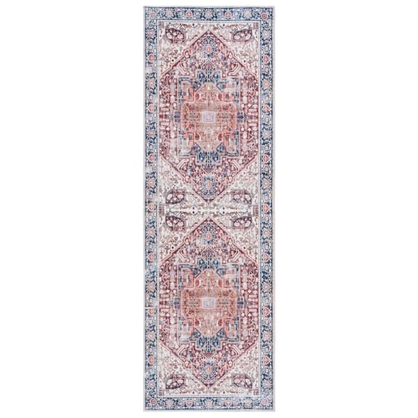 Arizona Red/Navy 3 ft. x 8 ft. Machine Washable Traditional Border Runner Rug