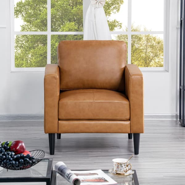 MAYKOOSH Tan Genuine Mid-Century Leather Accent Chair, Sectional Mini Sofa, Small Sofa Bed