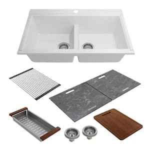 Baveno Lux 33 in. Undermount Double Bowl Milk White Granite Composite Kitchen Sink w/Workstation Accessories and Covers