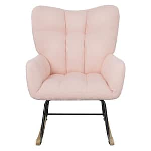 Teddy Fabric Wood Outdoor Rocking Chair Modern Rocking Accent Chair with High Backrest and Pink Cushion