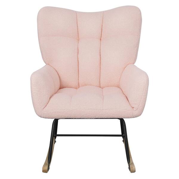 Zeus & Ruta Teddy Fabric Wood Outdoor Rocking Chair Modern Rocking Accent Chair with High Backrest and Pink Cushion