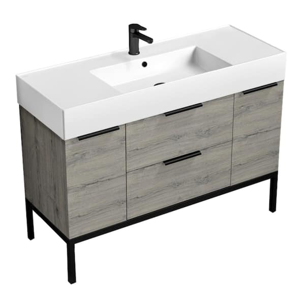 Nameeks Derin 47.6 in. W x 18.1 in. D x 34.65 in. H Modern Bathroom Vanity in Grey Oak With White Ceramic Top