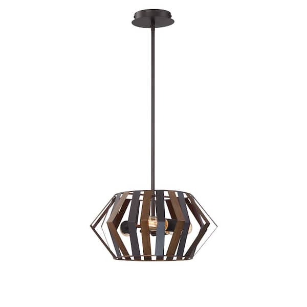 Eurofase Bevelo 3-Lights Bronze Pendant with Black and Wood Metal Shade