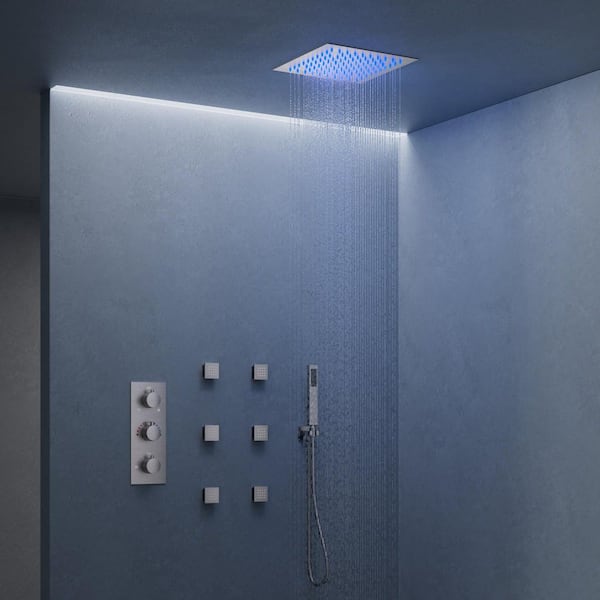 EVERSTEIN 5-Spray Patterns LED Shower System 12 in. Ceiling Mount Dual Shower Heads with 6-Jets in Brushed Nickel (Valve Included)