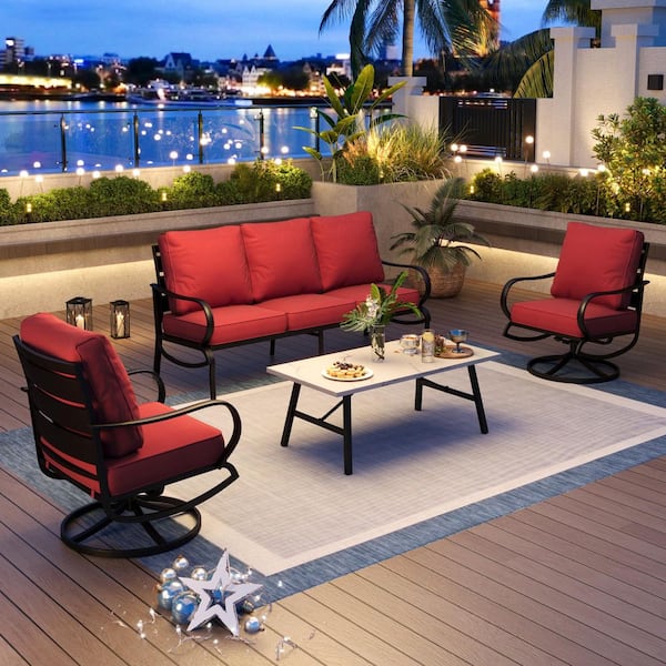 PHI VILLA Metal 5 Seat 4-Piece Steel Outdoor Patio Conversation Set With Swivel Chairs Red Cushions Marble Pattern Table