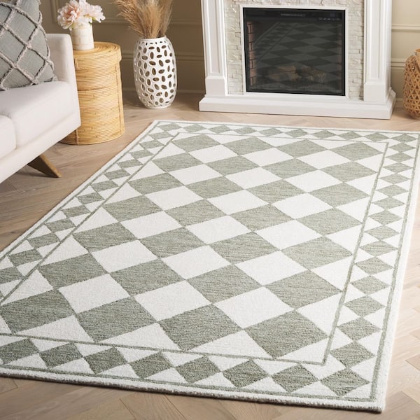 Ebony 9 ft. x 12 ft. Sage/Ivory Border Diamond Area Rug