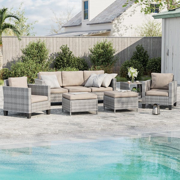 6-Piece Patio Sofa Set Gray Wicker Outdoor Furniture Set with Coffee Table, Linen Flax Beige