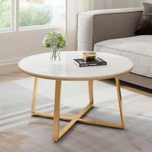 Dia 29.9 in. x H 17.7 in. White Color Round Faux Marble Sintered Stone Tabletop Coffee Table with Gold Color Cross Base