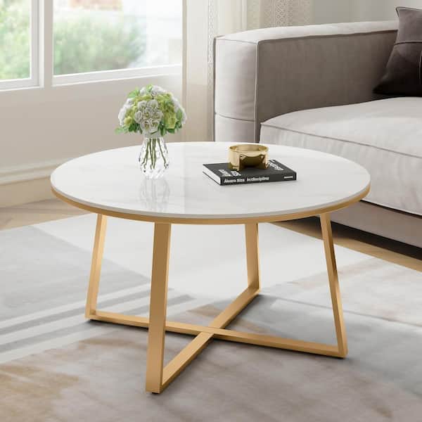 Maypex Dia 29.9 in. x H 17.7 in. White Color Round Faux Marble Sintered Stone Tabletop Coffee Table with Gold Color Cross Base