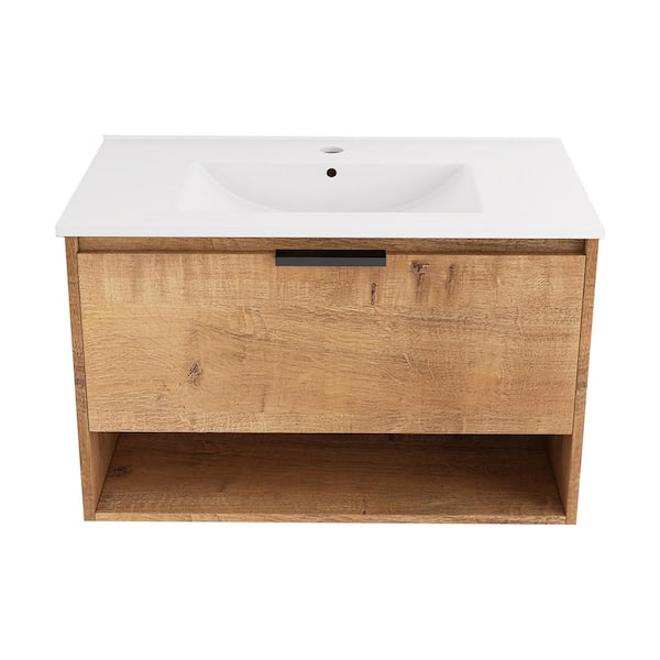 Unbranded Javeion 32 in. W x 18 in D. x 20 in. H Bath Vanity in Brown with White Ceramic Top