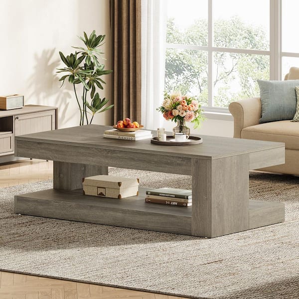 Allan 47.24 in. Gray Rectangle Wood Coffee Table with 2-Tier Storage, Farmhouse Center Tea Table Bedroom Living Room