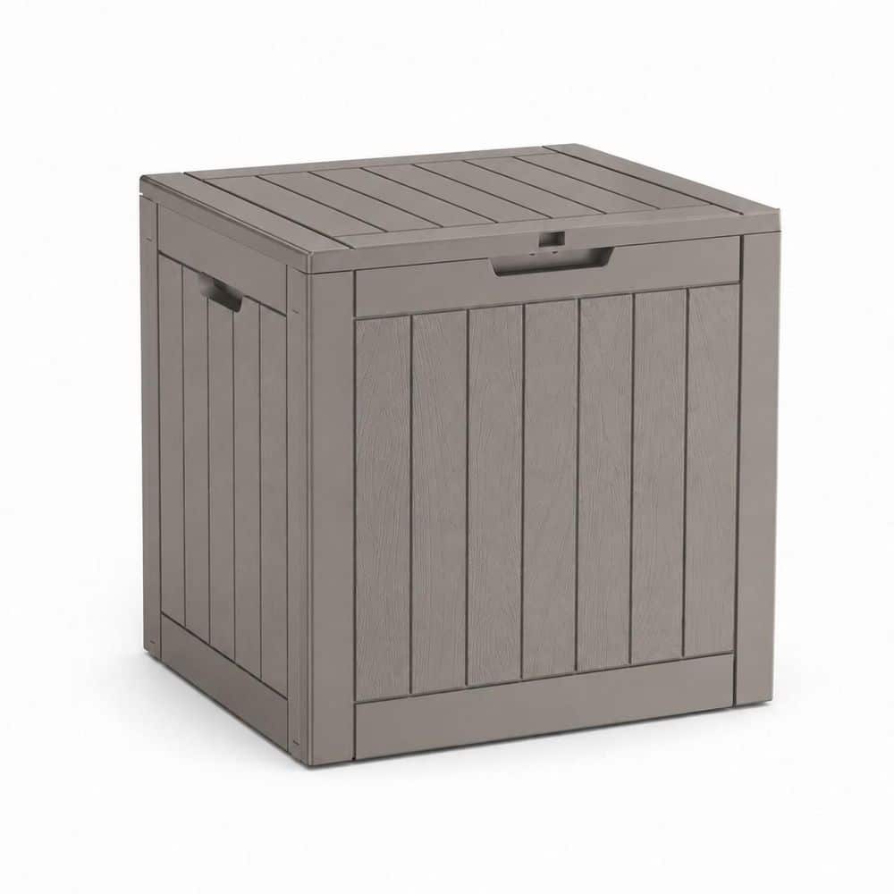 EFU 35 Gal. Small Brown Wood Grain Resin Deck Box Patio Pool Garden Outdoor Delivery Package Storage Box with Side Handles